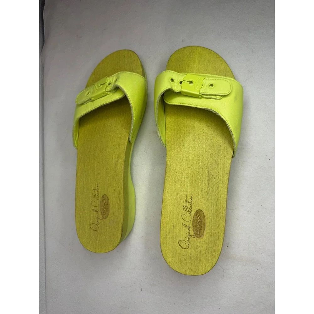 Dr. Scholl's Original Sandals Women 9 Neon Lime Green Leather Wood Clog Boho Y2K